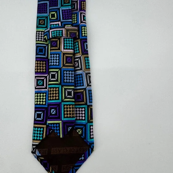 Robert Talbott Silk Tie Geometric Squares Pattern Purple Blue Green - Picture 2 of 6